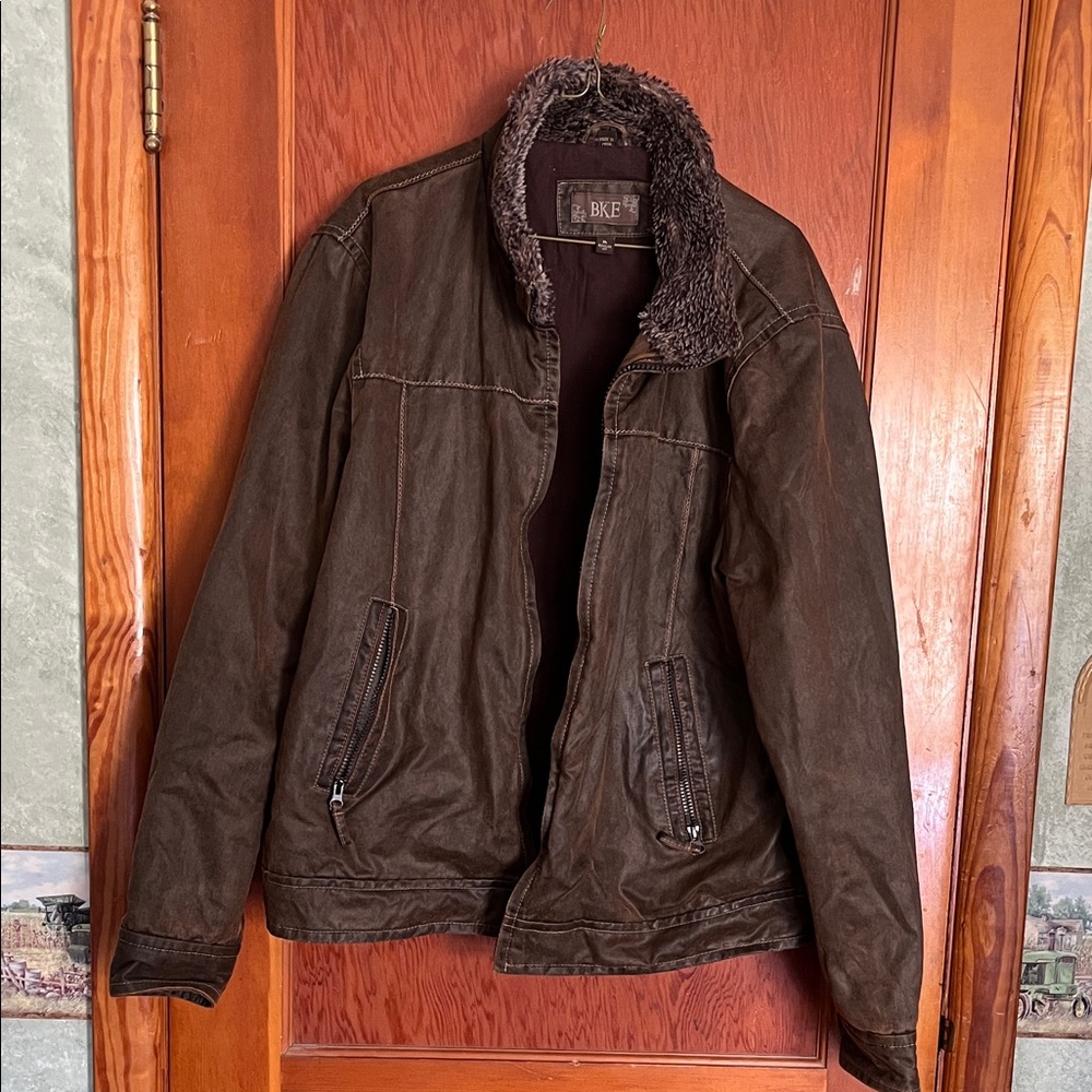 BKE Men's Dark Brown Field Jacket with Faux Fur Collar